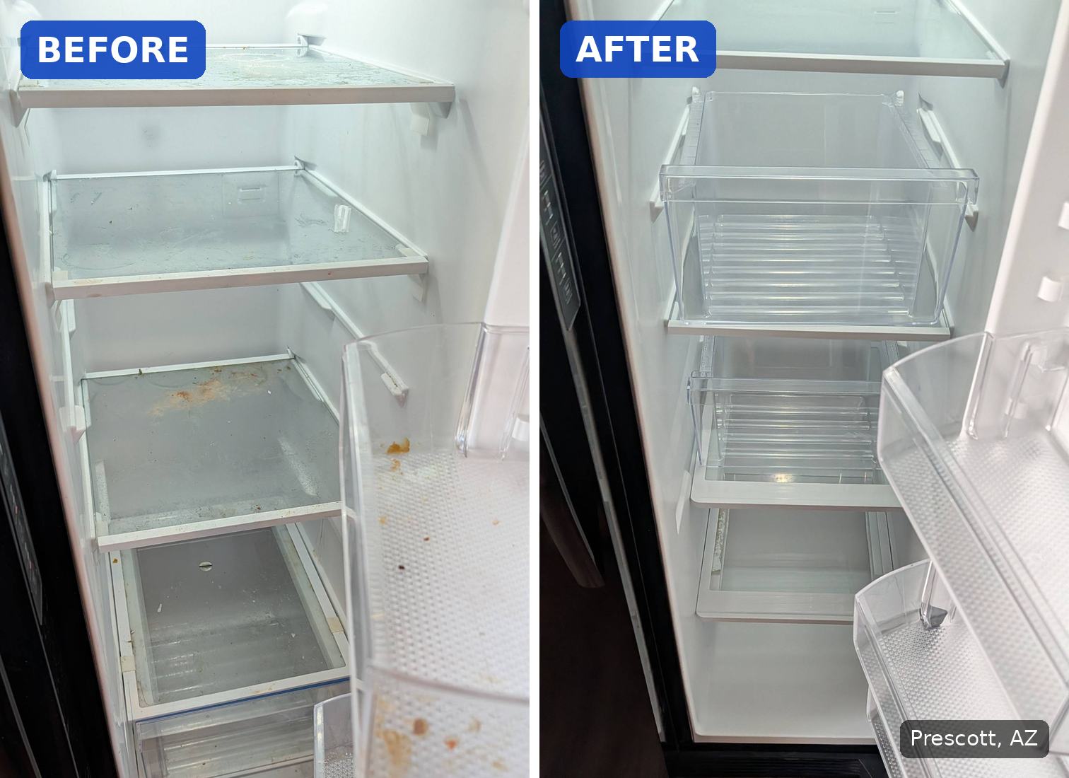 Before: Refrigerator shelves and door bin with food spills and sticky residue before a cleaning in Prescott, AZ. After: Same refrigerator with clean shelves, drawers and door bins after a cleaning in Prescott, AZ.