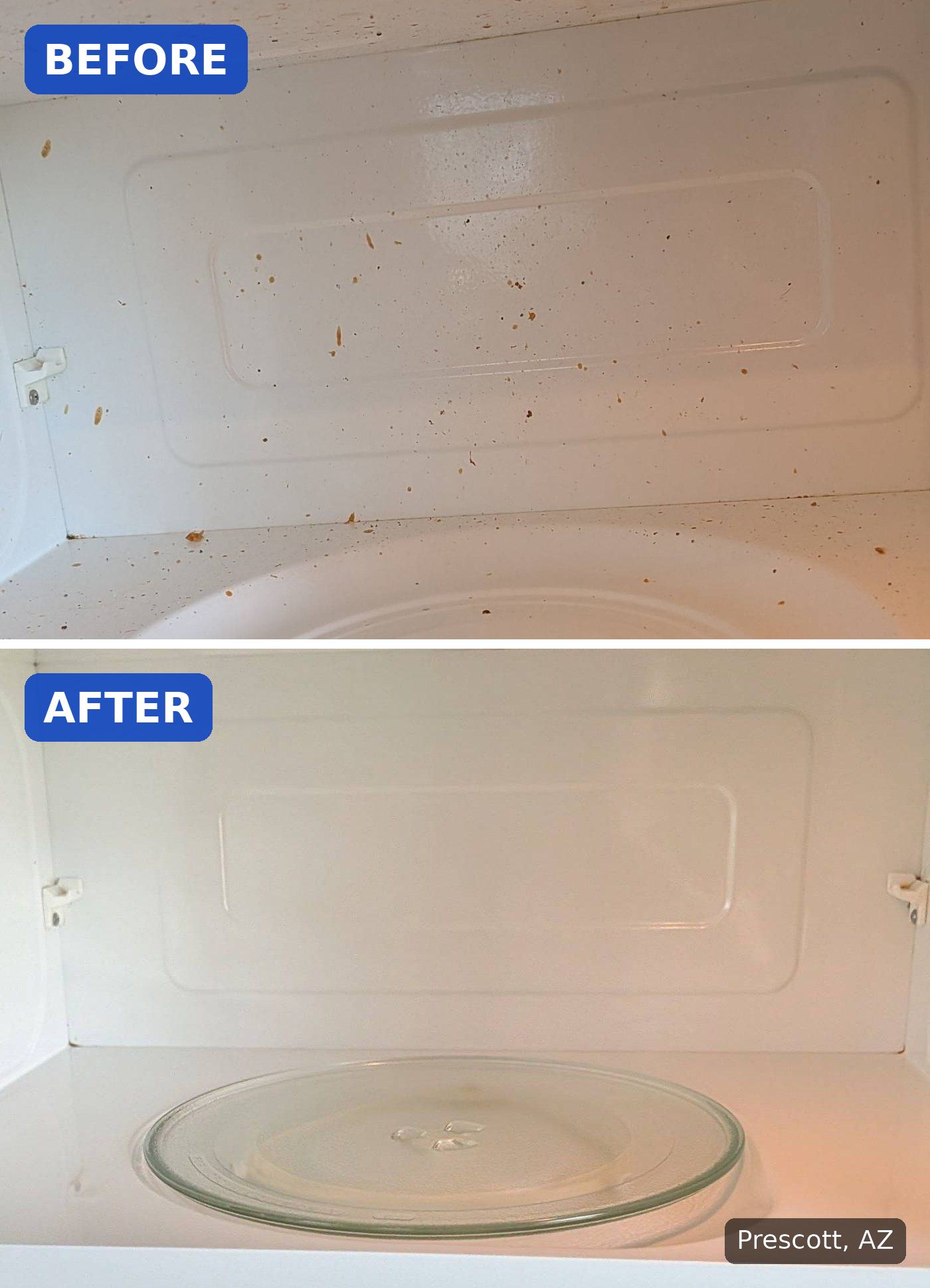 Before: Microwave interior with dried food splatter on the walls and floor before a cleaning in Prescott, AZ. After: Same microwave interior clean with a clear glass plate after a cleaning in Prescott, AZ.