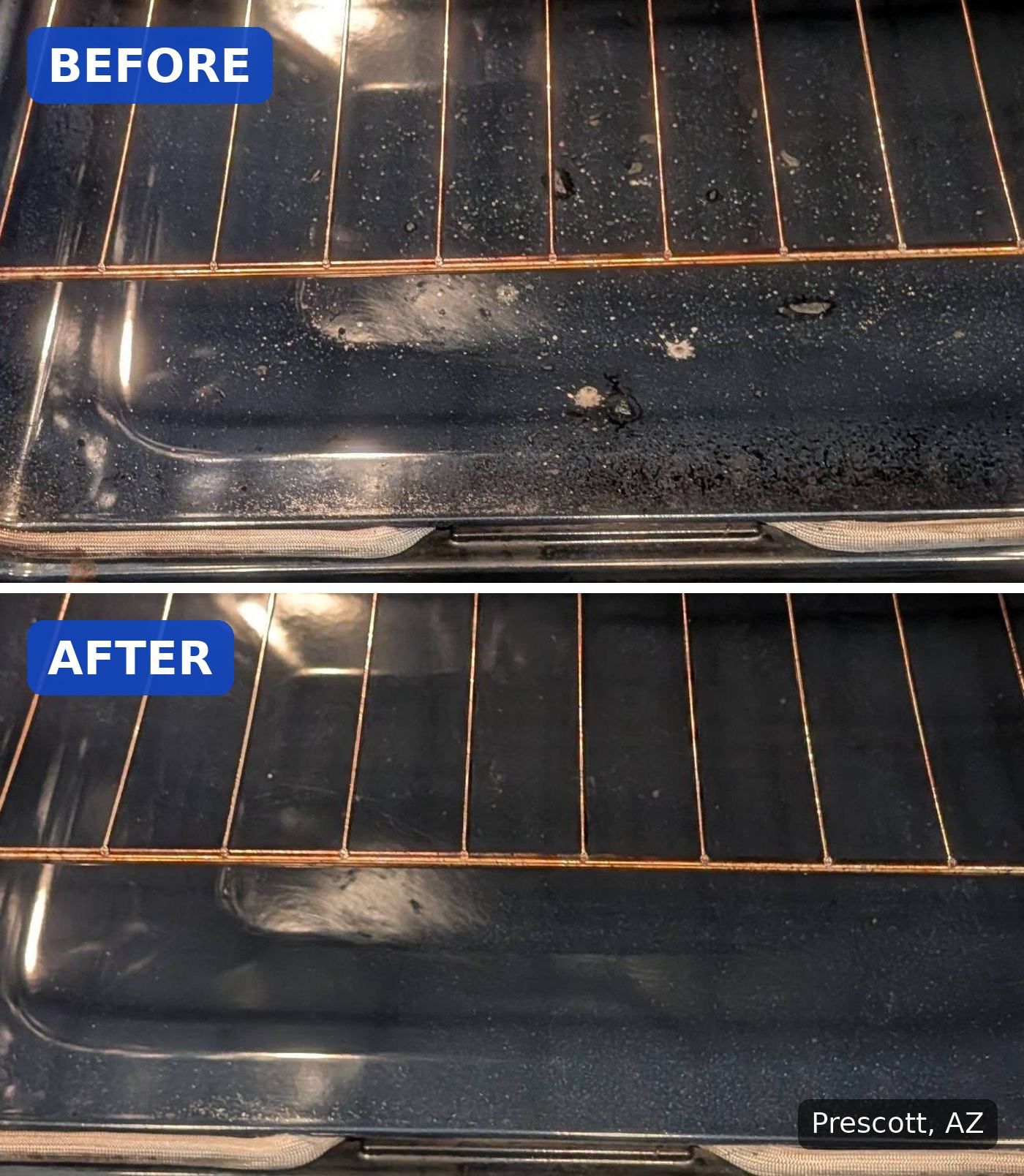 Before: Oven floor with burnt-on spots and crumbs before a cleaning in Prescott, AZ. After: Same oven floor clean after a cleaning in Prescott, AZ.