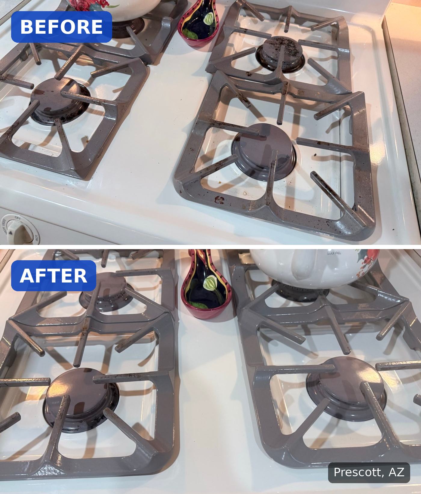 Before: Gas stovetop with crumbs and burnt bits on the burners before a cleaning in Prescott, AZ. After: Same gas stovetop wiped clean after a cleaning in Prescott, AZ.