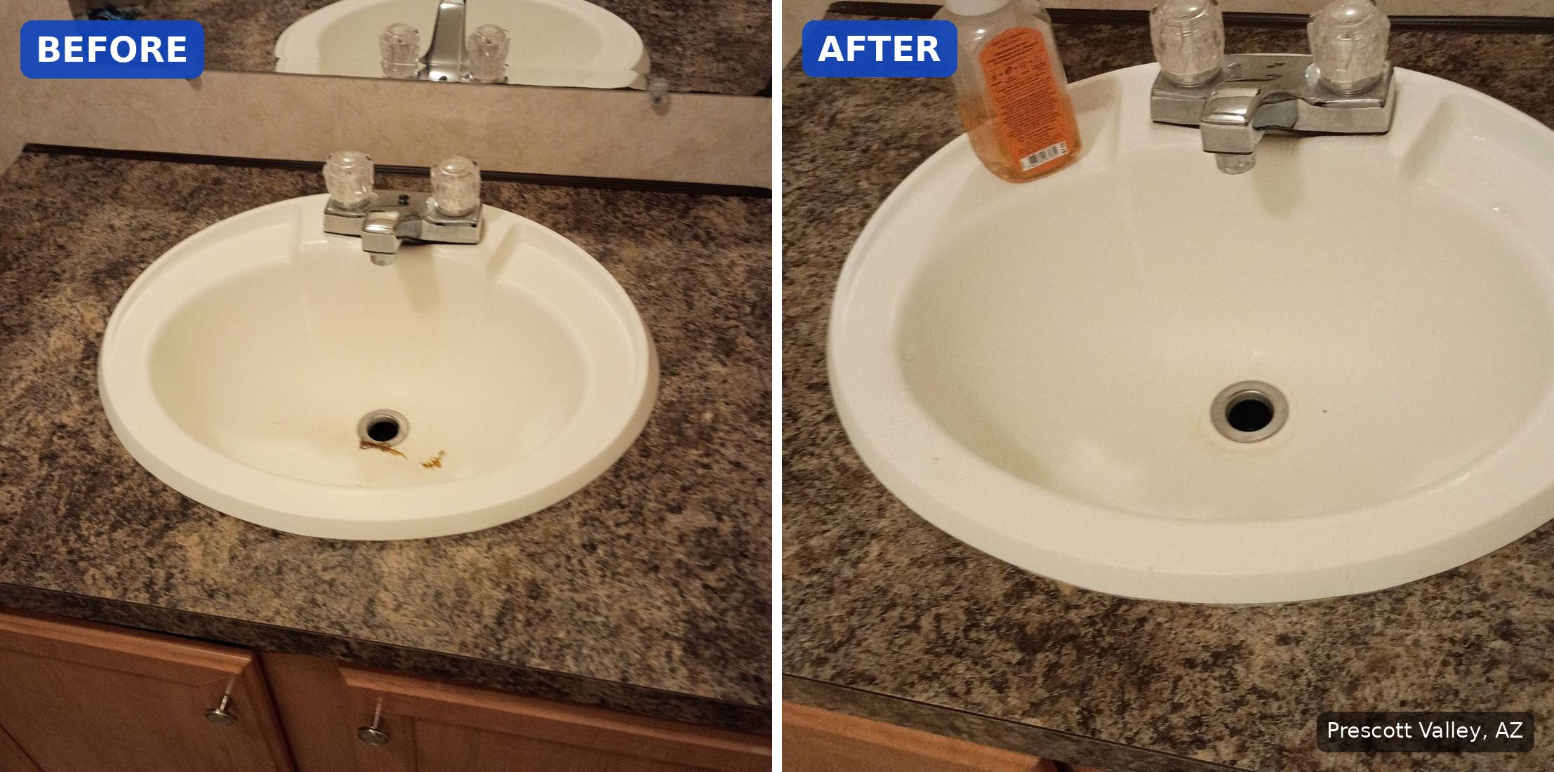 Before: Bathroom sink with a rust stain at the drain before cleaning in Prescott Valley, AZ. After: Same bathroom sink with the rust stain removed after cleaning in Prescott Valley, AZ.