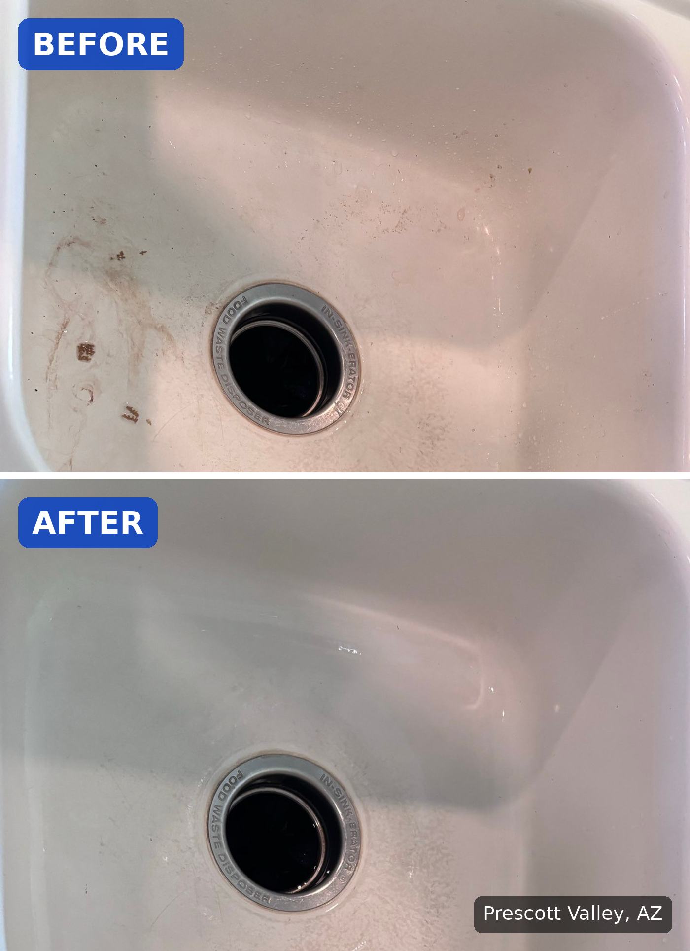 Before: Kitchen sink basin with brown food stains and specks around the drain before a cleaning in Prescott Valley, AZ. After: Same kitchen sink basin clean and free of stains after a cleaning in Prescott Valley, AZ.