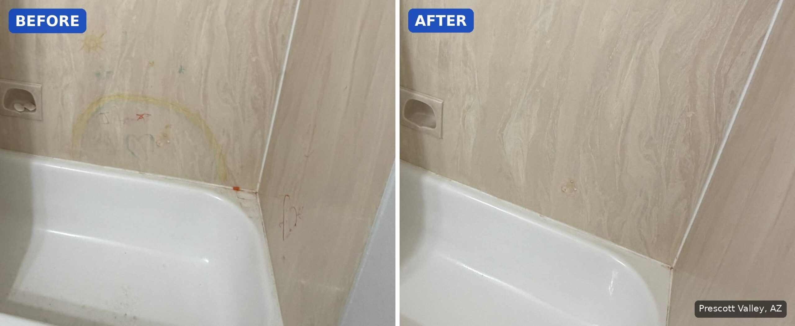 Before: Tub surround with crayon drawings on the wall before a cleaning in Prescott Valley, AZ. After: Same tub surround with the crayon removed after a cleaning in Prescott Valley, AZ.