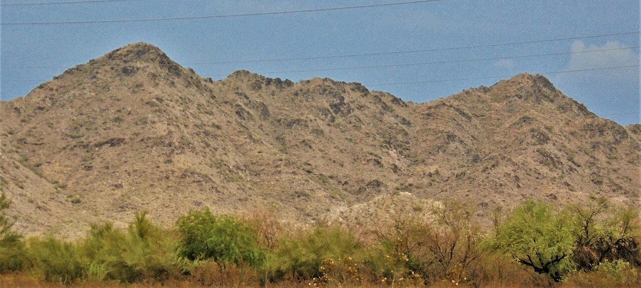 Rocky San Tan Mountains above desert brush near San Tan Valley, Arizona