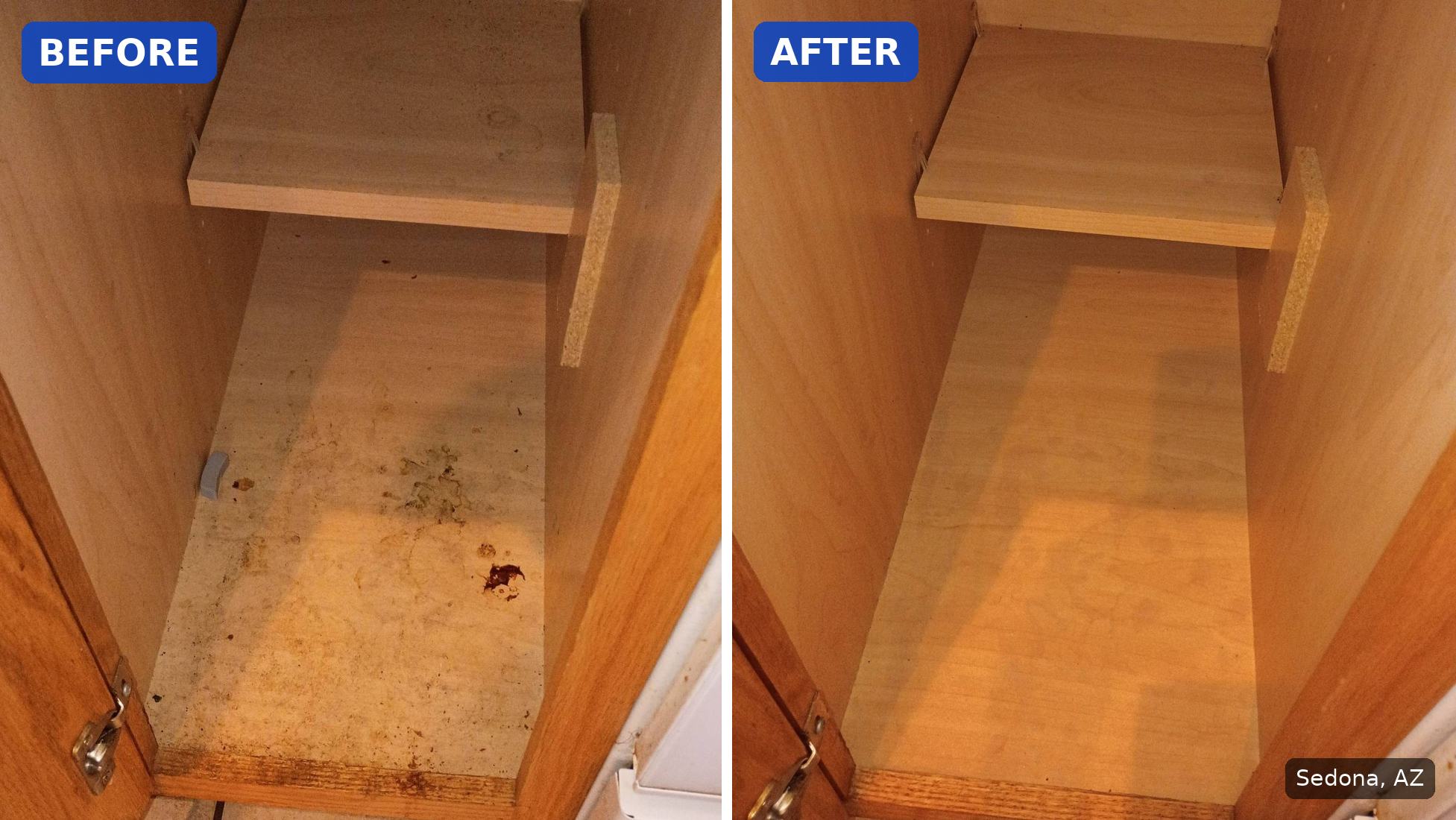 Before: Kitchen cabinet floor with dark stains and crumbs before a cleaning in Sedona, AZ. After: Same kitchen cabinet clean inside after a cleaning in Sedona, AZ.