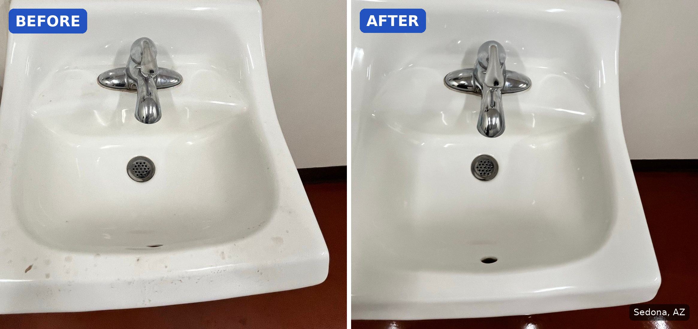 Before: Wall-mounted restroom sink with specks and grime on the rim before a cleaning in Sedona, AZ. After: Same restroom sink clean and shiny after a cleaning in Sedona, AZ.