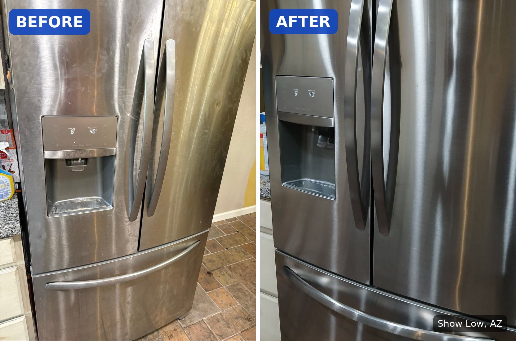 Before: Smudged stainless steel fridge doors in Show Low, AZ. After: Same fridge doors wiped and polished after a house cleaning in Show Low, AZ.