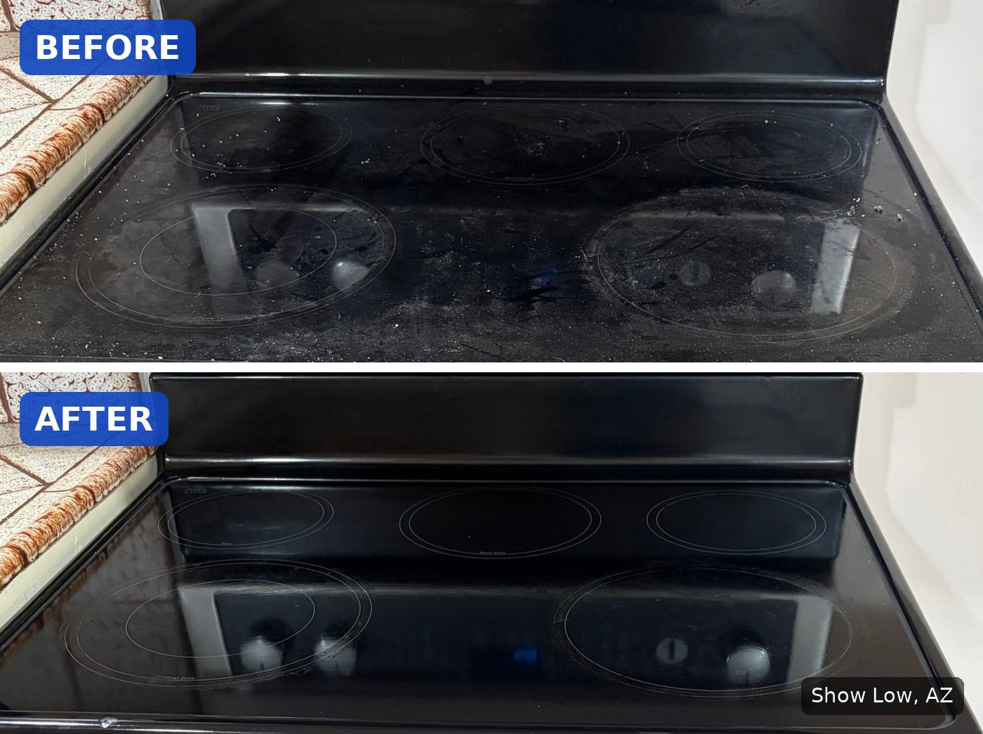 Before: Glass cooktop covered in dust, crumbs and cooked-on residue in Show Low, AZ. After: Same glass cooktop clean and glossy after a house cleaning in Show Low, AZ.