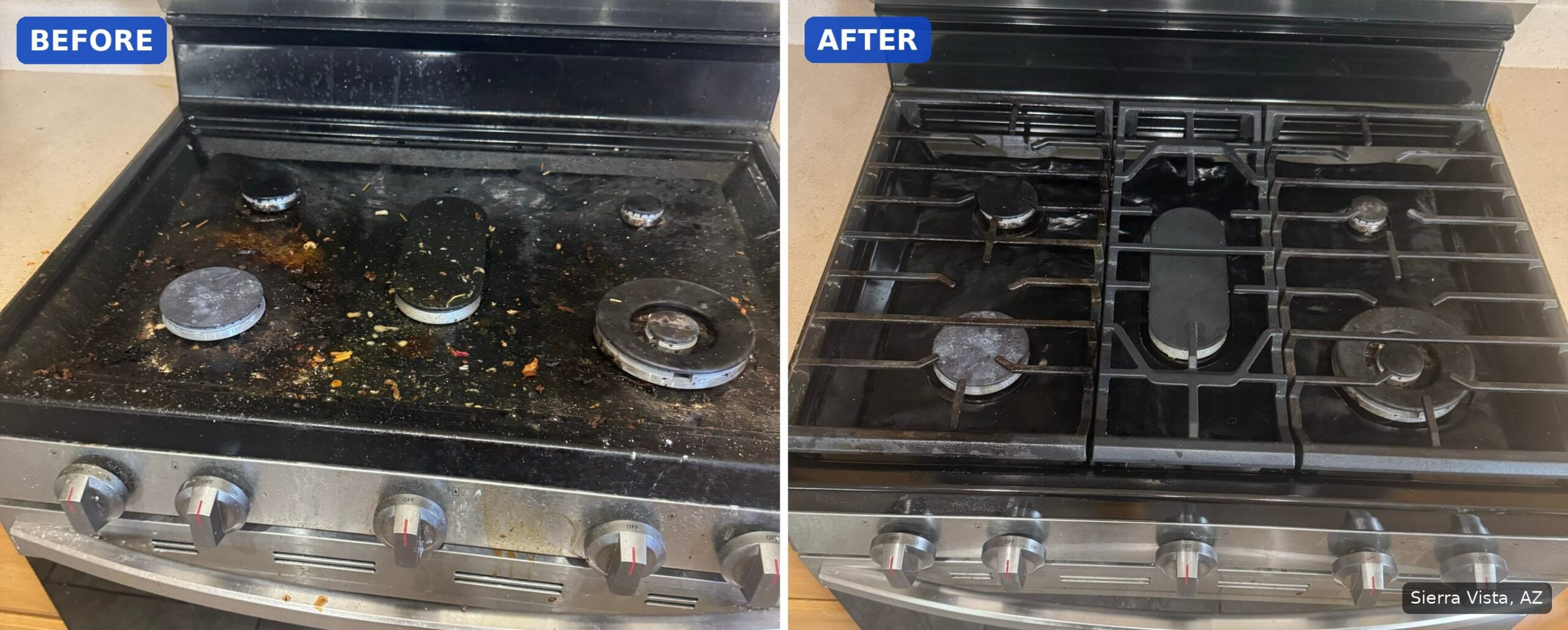 Before: Gas cooktop covered in burnt food, crumbs, and grease before a cleaning in Sierra Vista, AZ. After: Same gas cooktop with a clean surface and grates in place after a cleaning in Sierra Vista, AZ.