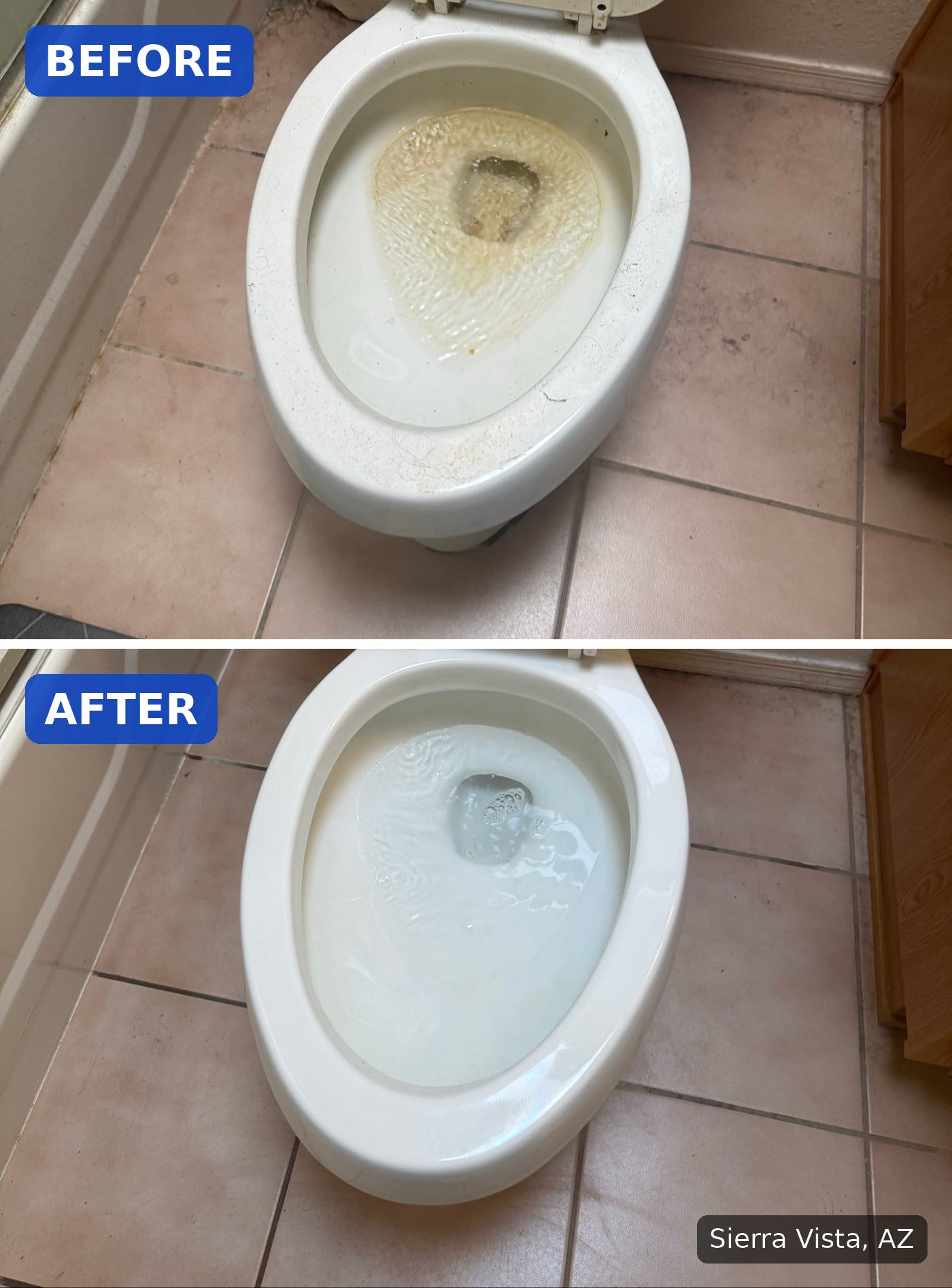 Before: Toilet bowl with a heavy hard water ring and grime on the rim and floor before a cleaning in Sierra Vista, AZ. After: Same toilet bowl clean and white with a clean floor after a cleaning in Sierra Vista, AZ.