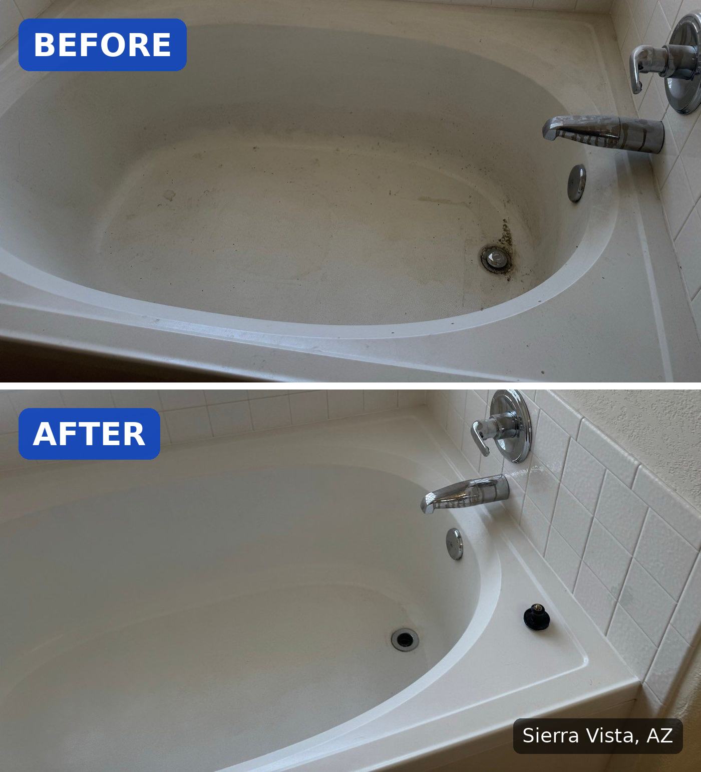 Before: Bathtub with a gray film, black debris at the drain, and hard water spots on the faucet before a cleaning in Sierra Vista, AZ. After: Same bathtub clean and white with a shiny faucet after a cleaning in Sierra Vista, AZ.