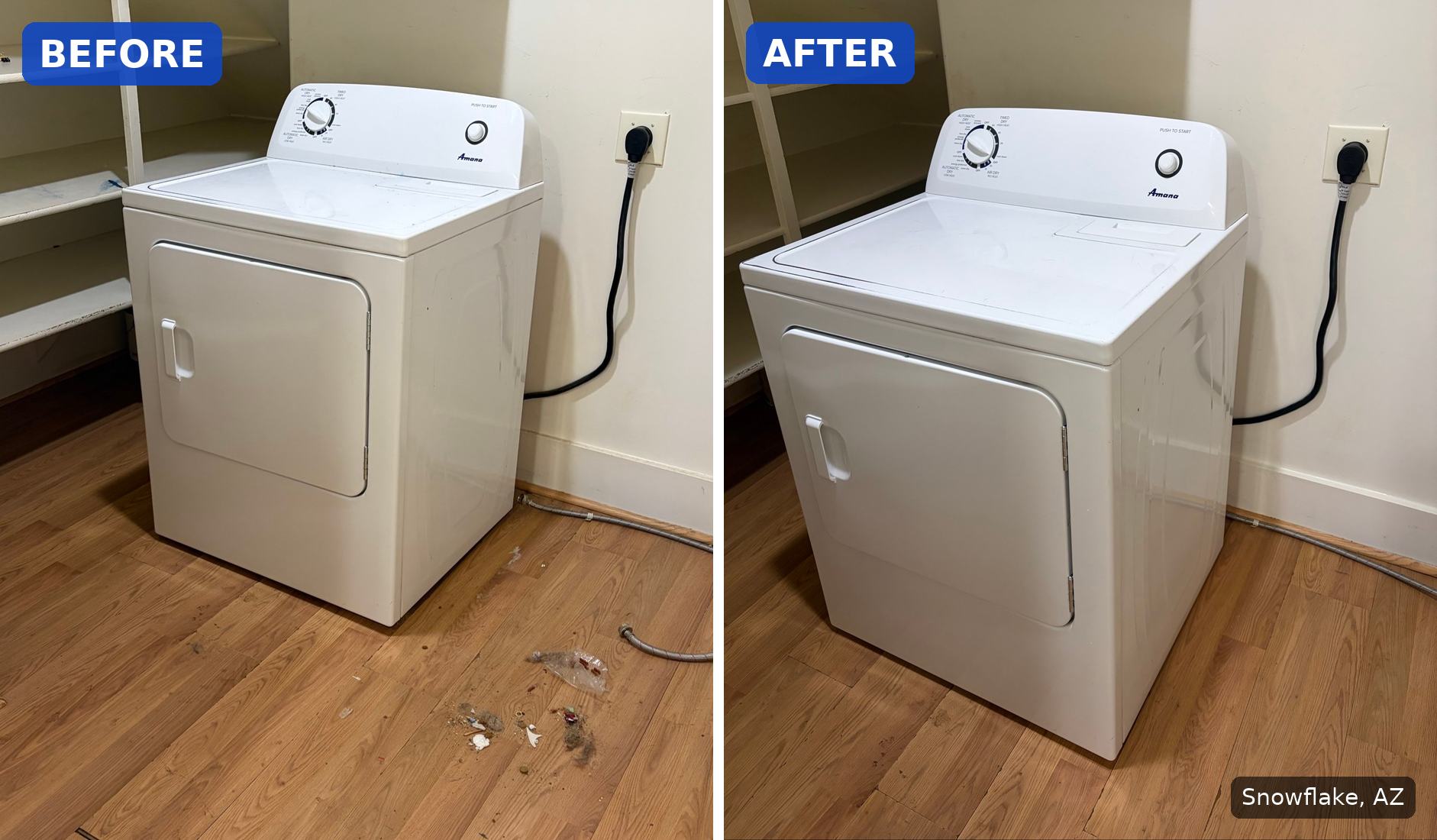 Before: Laundry room floor with lint and debris beside the dryer in Snowflake, AZ. After: Same laundry room floor clean beside the dryer after a house cleaning in Snowflake, AZ.