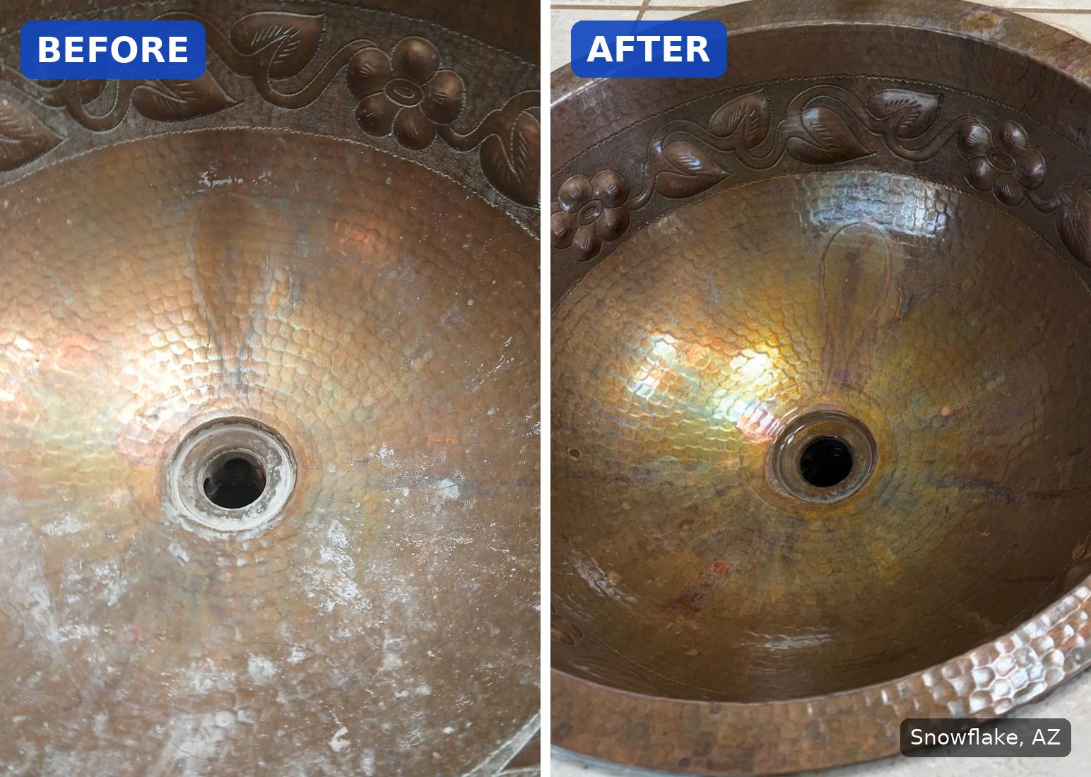 Before: Hammered copper bathroom sink with white hard water buildup around the drain in Snowflake, AZ. After: Same copper sink with the buildup removed after a house cleaning in Snowflake, AZ.