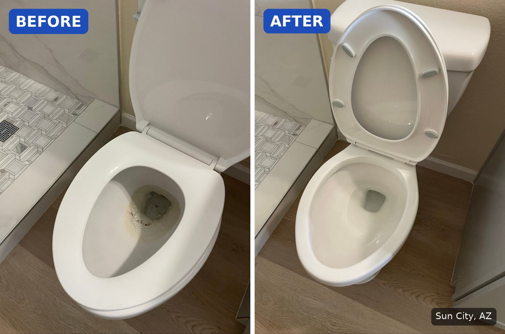 Before: Toilet bowl with rust stains and debris before cleaning in Sun City, AZ. After: Same toilet with a clean white bowl after cleaning in Sun City, AZ.