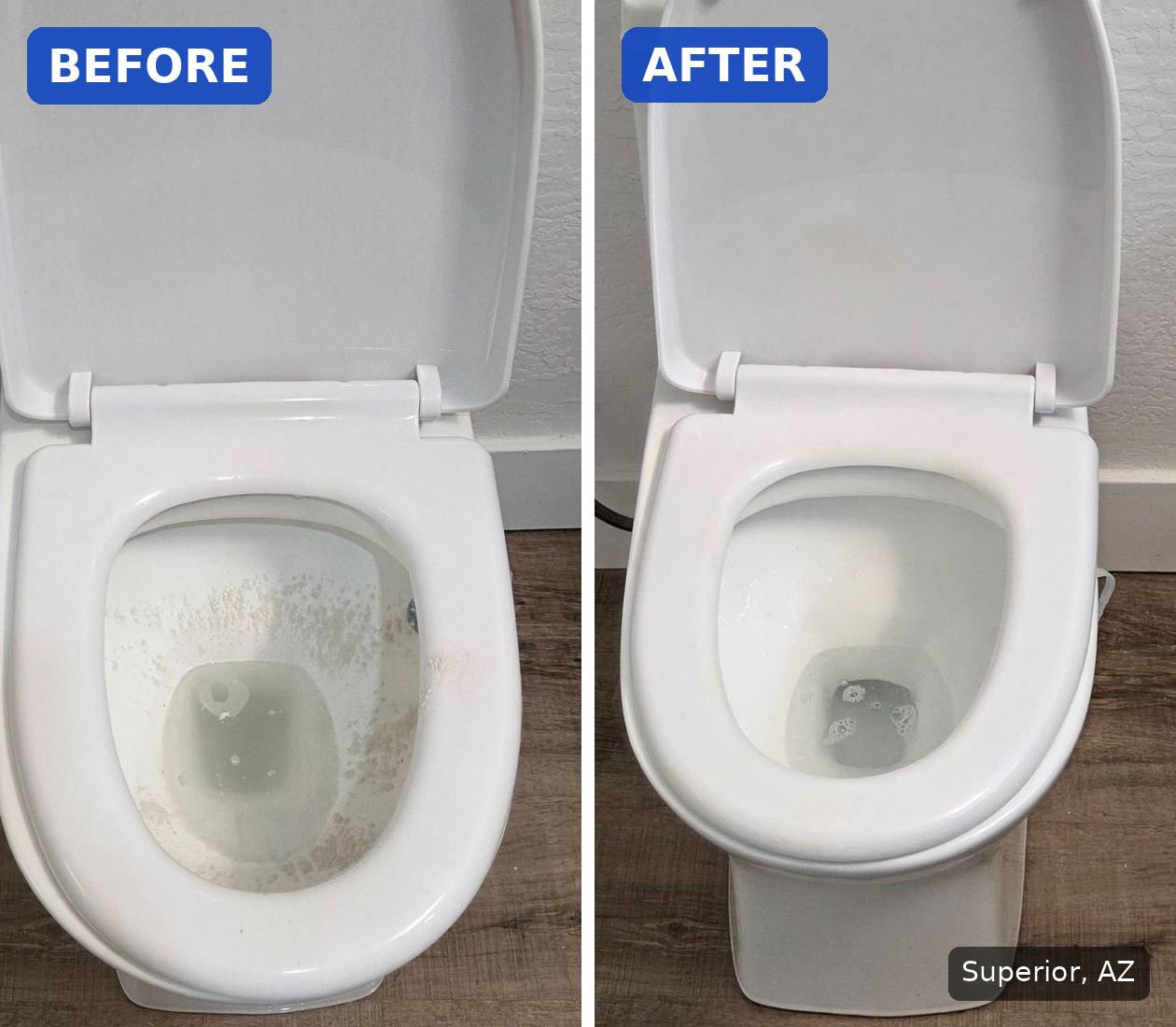 Before: Toilet bowl with chalky hard water buildup before a cleaning in Superior, AZ. After: Same toilet bowl clean and bright after a cleaning in Superior, AZ.