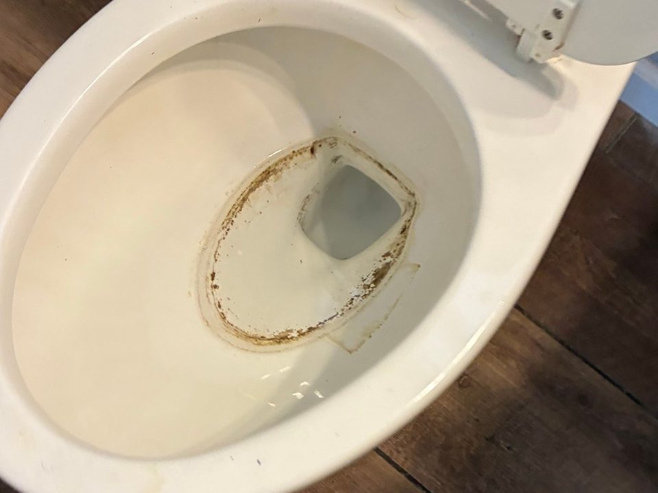 Toilet bowl with a dark ring of buildup at the waterline before a cleaning in Paulden, AZ