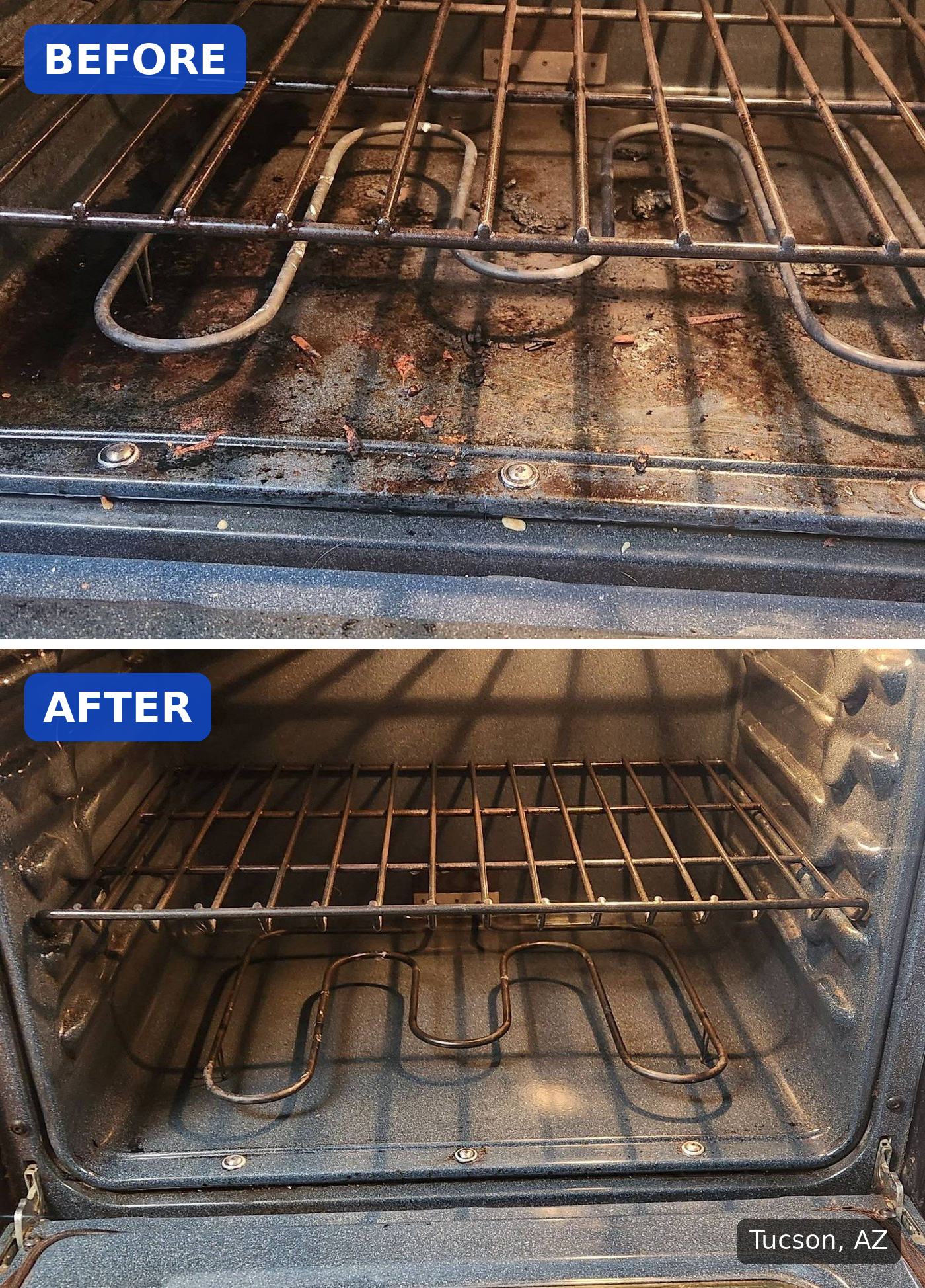 Before: Oven floor, bake element, and rack coated in burnt grease and food debris before a cleaning in Tucson, AZ. After: Same oven with a clean floor and interior after a cleaning in Tucson, AZ.