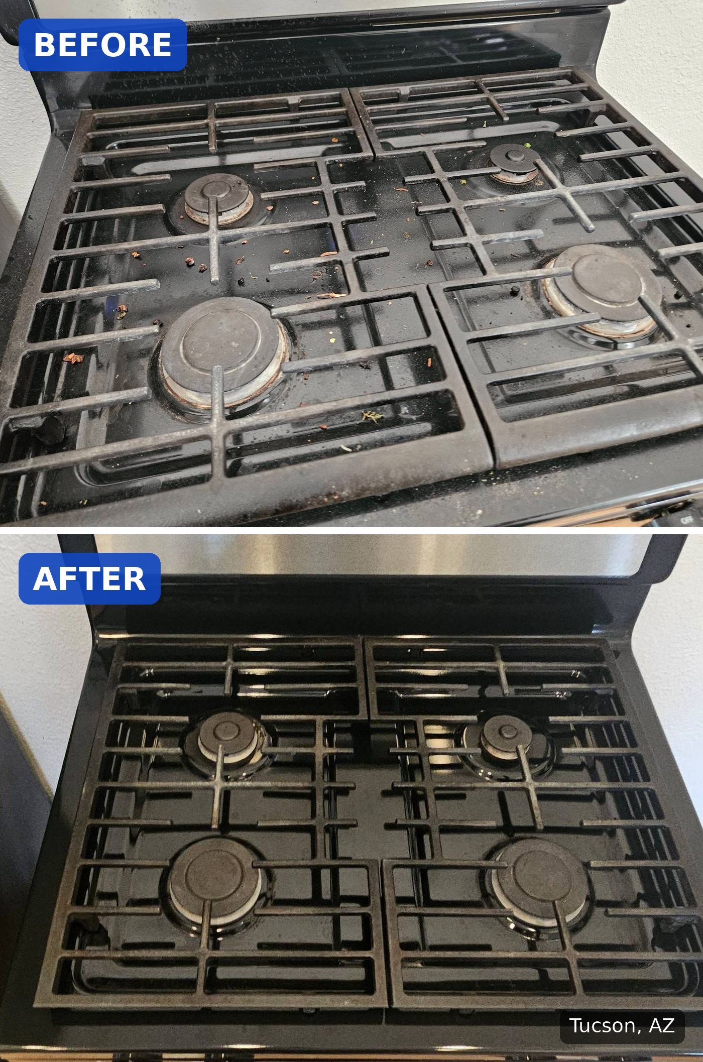 Before: Gas range with crumbs and debris on the grates before cleaning in Tucson, AZ. After: Same gas range with clean grates and burners after cleaning in Tucson, AZ.