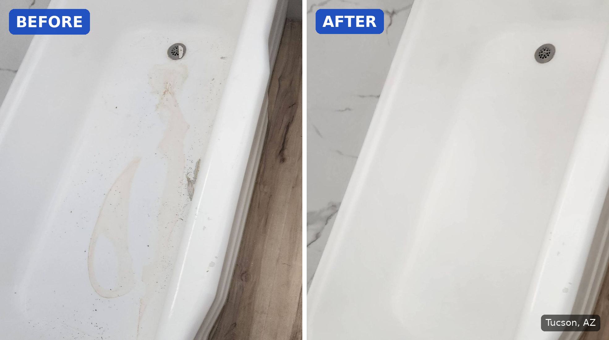 Before: Bathtub with a pink-brown stain streak and scattered debris before a cleaning in Tucson, AZ. After: Same bathtub clean and white after a cleaning in Tucson, AZ.