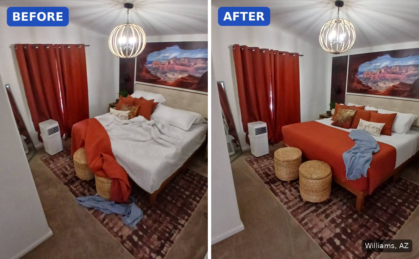 Before: Bed with rumpled sheets and the coverlet hanging off the foot before a vacation rental turnover in Williams, AZ. After: Same bed made with the coverlet and staged pillows after a turnover cleaning in Williams, AZ.