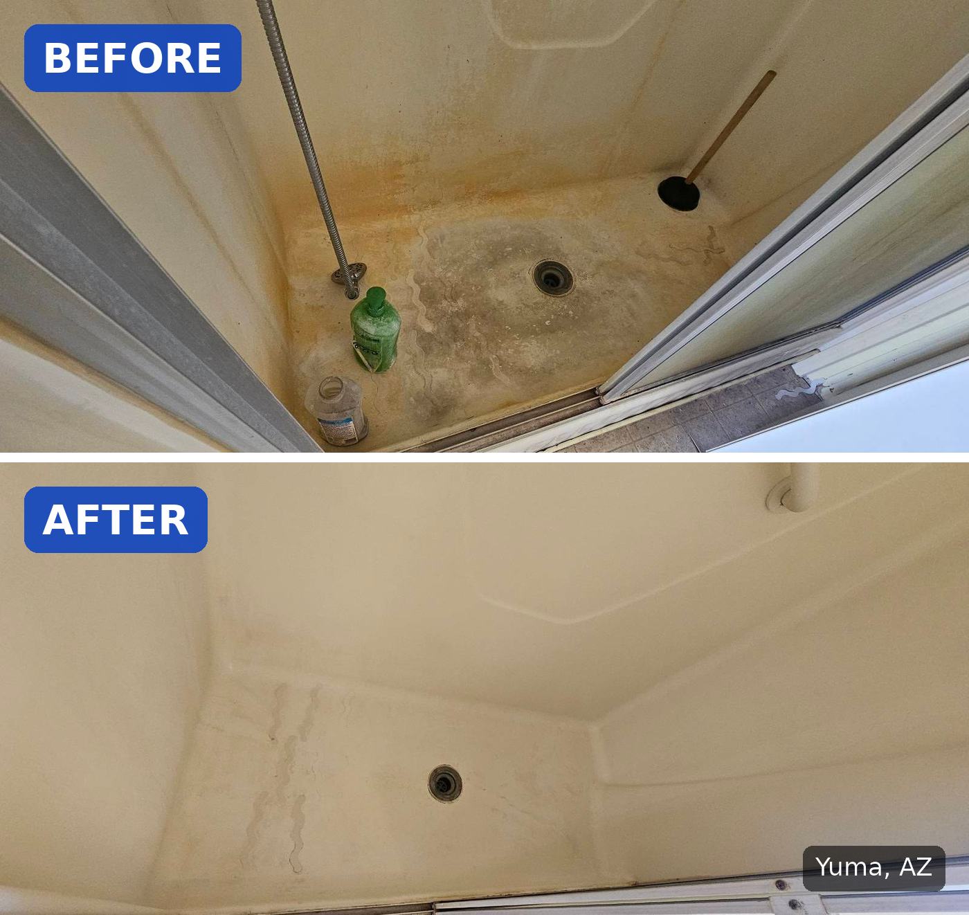 Before: Shower pan with orange grime and soap scum before cleaning in Yuma, AZ. After: Same shower pan scrubbed clean and white after cleaning in Yuma, AZ.